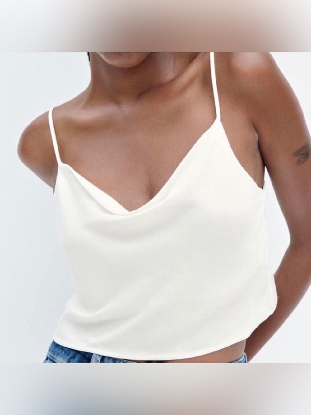 🤍 Zara White Fluid Neck Line Crop Top Cowl Neck Cami Size L